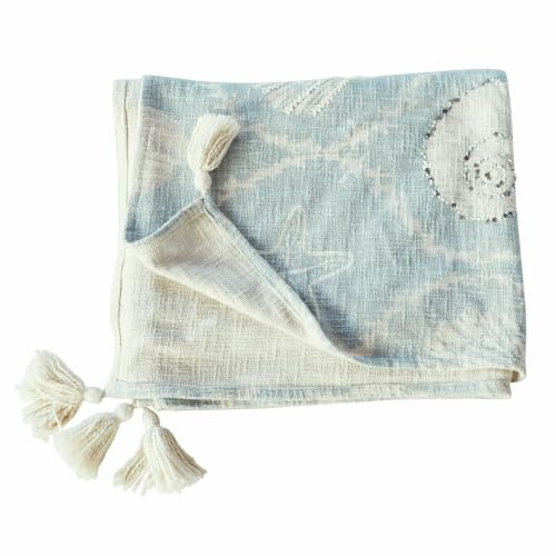 Loberon Plaid Calerand, Maritime Print-Motive, Verziert mit Pailletten und Glasperlen, Quasten an den Ecken, Überwurf, Tagesdecke, Wohndecke, Baumwolle, weiß/blau