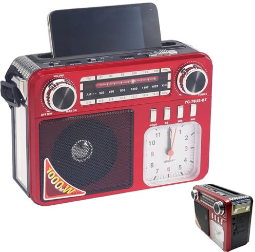 Solar-Radio – Tragbares Solar-FM-Radio mit wiederaufladbarem Ladegerät | mit Uhr, Lautsprecher, wiederaufladbares Handy-Ladegerät für Wandern, Camping, Reisen und Familiennotfall