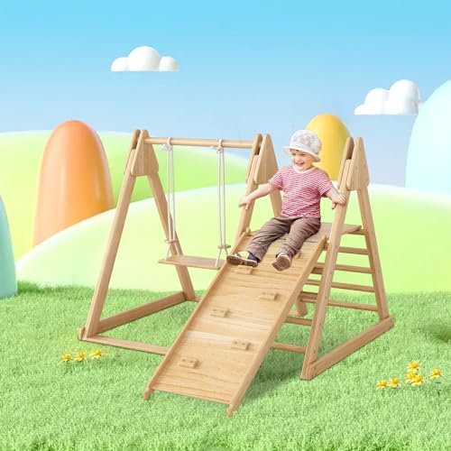 LARFOEK 3-in-1-Indoor-Klettergerüst für Kleinkinder mit Klettergerüst, Schaukel, Rutsche, Holzspielzeug für Kinder, für Kinder ab 3 Jahren