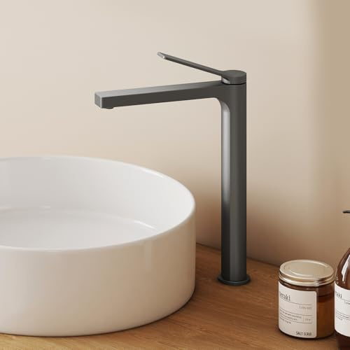 EMKE Wasserhahn Bad Anthrazit Matt, waschtischarmatur, 4MS Messing, Wasserhahn Bad mit Auslauf Höhe 265mm, Mischbatterie Waschbecken-Armatur einfache Installation, Kalt/Warmanschluss