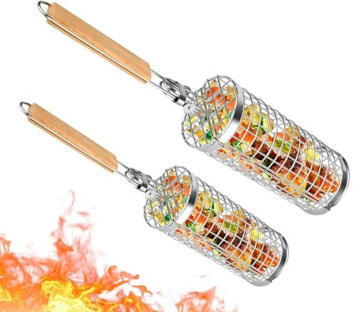 Dorugage Nesting Grill Baskets | Foldable BBQ Basket | Stainless Steel Grilling Tools with Wood Handle for Camping Picnic
