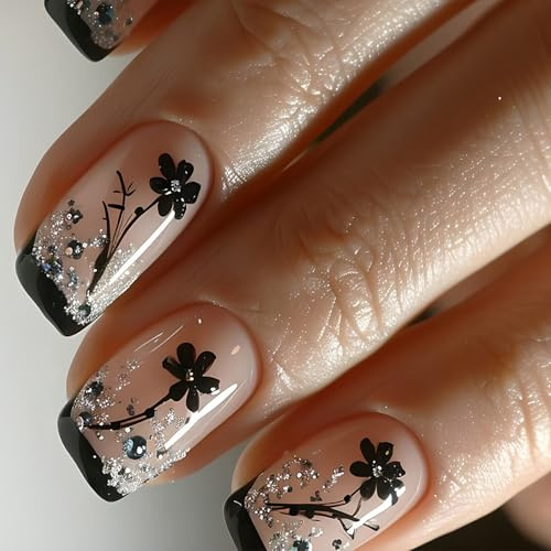 Nägel zum Aufdrücken, Blumen-Strass-Design, Acryl, glitzernd, 24 Stück, langlebige Kunstnägel für Frauen, Mädchen, Party, Hochzeit, tägliche Maniküre, einfache Anwendung und wiederverwendbar