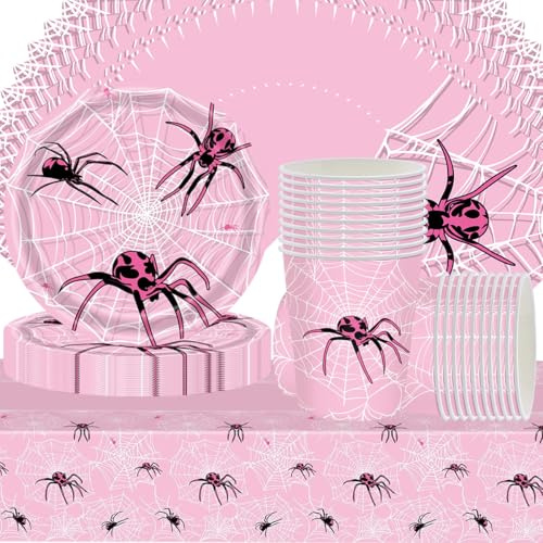 Set di 61 pezzi di stoviglie con motivo a ragni rosa, stoviglie per feste di compleanno per bambini, articoli per feste a tema ragni, inclusi bicchieri di carta, piatti di carta, tovaglioli e tovaglie