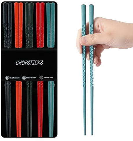 Kucensi 5 Pairs Fibreglass Chopsticks, Premium Japanese Reusable with Pattern, Gift Set for Sushi, Asian Dishes, Dishwasher Safe (5 Colours)