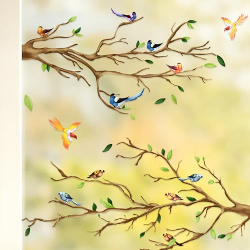 Fensterbilder Frühling Deko Selbstklebend,Kinderzimmer Fensteraufkleber | Vögel Treffen,Vogel Aufkleber Fenster auf Ast Fenstersticker Wohnzimmer Schlafzimmer wiederverwendbar GROß（88 * 60cm）