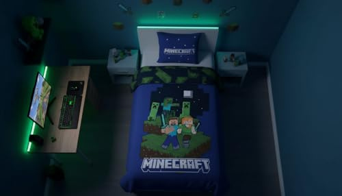 Minecraft Kinderbettwäsche 140x200 + Kissenbezug 65x65 Steve Alex Creepers | Wendebettwäsche Einzelbett | Nächtliches Duell mit den Monstern | Baumwoll-Mischgewebe Oeko-Tex schnelltrocknend | 6-14
