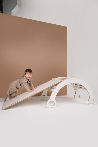 3in1 Große Montessori Schaukel + Große Rutsche Wolken + Tischplatte | Multifunktionales Holz Sensor- und Bewegungsspielzeug für Kinder (Weiß)