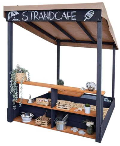 Meppi Sandkasten aus Holz mit Verkaufstheke und Dach - Sandkiste mit Matschwannen und Sitzbank - Sandbox für Kinder
