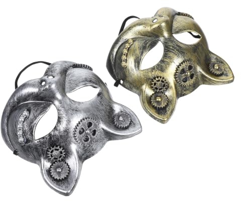 FRCOLOR 2pcs Steampunk Cat Masks for Halloween and Cosplay, Half Face Plastic Animal Fox Design with Portable Structure and Unique Artistic Flair, for Themed Events and Random Color