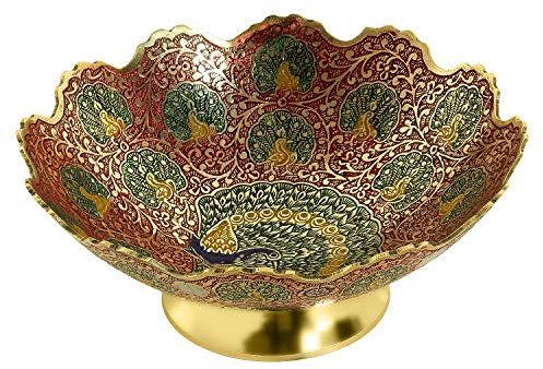 Zap Impex Cuenco decorativo de latón seco con trabajo de tallado, tamaño 17,7 cm, hermoso color rojo con diseño de pavo real, utensilios de cocina y regalo.