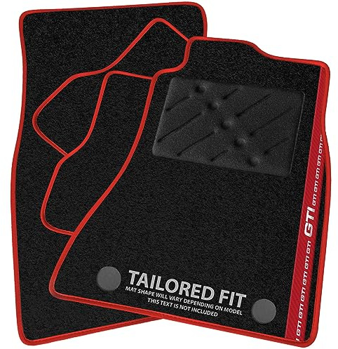 Car Mats FOR Volkswagen Golf MK7 2013-2020 Black Carpet - Red Leather - Red GTI Stripe on Driver - Black Rectangle Heel Pad [SAPP-1478]