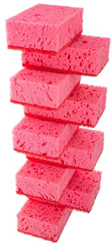 Okleen Esponjas exfoliantes multiuso de color rosa. Fabricadas en Europa. Paquete de 9, 4.3 x 2.8 x 1.4 pulgadas. Fibra resistente e inodora. Estropajo duradero y delicado para cocina y baño, limpieza