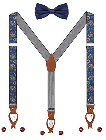 Herren Hosenträger Fliege Set 2 WAY TO WEAR 6 Leder Knopfloch 3 Clips Y-Form 3,5cm Breit Verlängerte Hosenträger für Körpergröße 160-200cm - Königblau Paisley