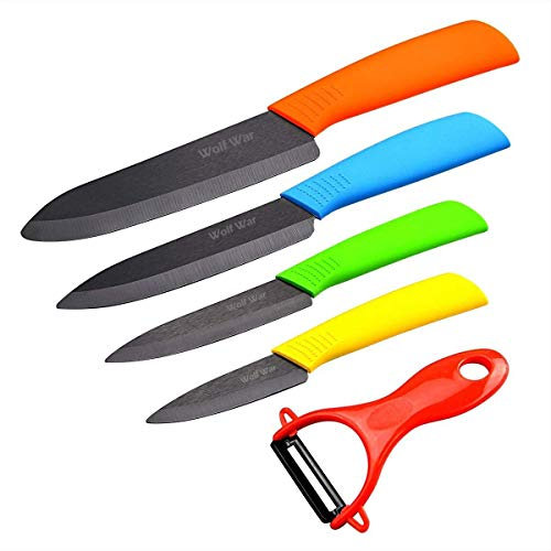 Wolf War Cuchillos de Cerámica Set, 4 Piezas Cuchillos de Cocina y 1 Pelador Cerámica (6 Chef Cuchillo, 5'' Utilidad/Cortar, 4'' Cuchillo de Fruta, 3'' Cuchillo de pelado)