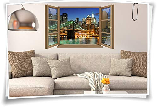 Medianlux Wand-Tattoo Wand-Bild Fenster New York City Skyline Brücke Gebäude USA Aufkleber Folie Deko Wohnzimmer Küche Folie Digitaldruck, 150x97cm wb22wb647-126479