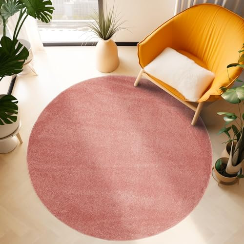 Tapis à Poils Ras, Unicolor - Monochrome, Tapis Rose, 160 cm Rond, Tapis de Style Moderne, Tapis Salon