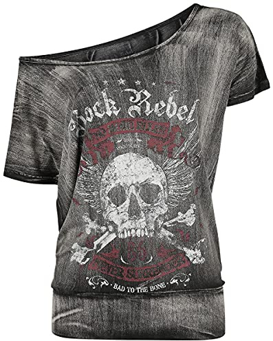 Rock Rebel by EMP Damen dunkelgraues T-Shirt mit weitem Ausschnitt und Totenkopf-Print 5XL