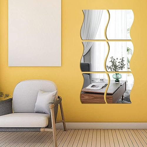 LANTRO JS Spiegelfolie Selbstklebend, 6 Stück Spiegelfliesen Selbstklebend Klebespiegel Wellenform für Schlafzimmer, Badezimmer Einzelstückgröße 12x10cm