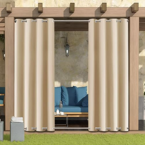 LiveGo Outdoor Vorhang Wetterfest Wasserdicht mit ösen,Outdoorvorhänge Gardinen für draußen Balkon terrasse Pavillon Aussen Outdoorvorhang Sonnenschutz Vorhänge Garten,Beige,2 Stück|132x274cm(BxH)