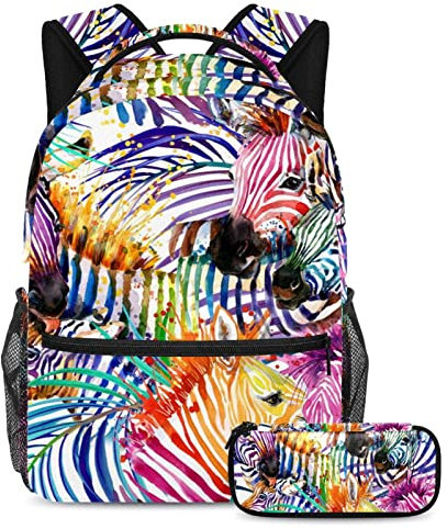 Leisure Campus Reiserucksack mit Stiftetui, tropische Aquarell-Zebra-Taschen mit Flaschenhalter für Mädchen und Jungen, metallisch, One size