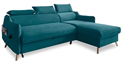 MIUFORM Sweet Harmony mit Bettkasten | 4 Sitzer Sofa | L-Form rechts | 228 x 162 x 82cm | Klappsofa mit Schlaffunktion und mit Kopfstütze | Easy Clean Stoff Samt (Türkis)