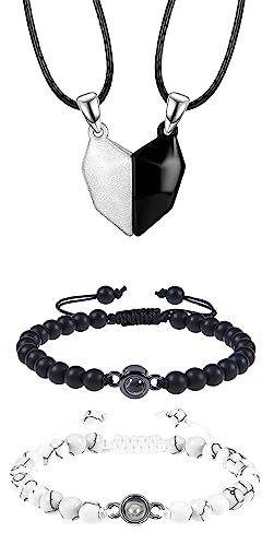 Dochais 4 Stück Paarschmuck Für Sie Und Ihn, Paar Armbänder, Partner Ketten, Freundschaftskette, Magnetische Herz-Halskette, 100 Sprachen Ich Liebe Dich Projektion, Geschenke Für Paare