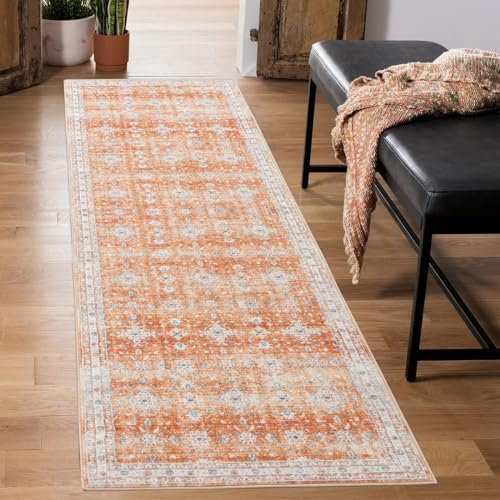 Carvapet Läufer Teppich 60x210cm rutschfest Lang Küchenteppich Weiche Mikrofaser Waschbar Teppichläufer Blumendruck Flächenteppich Laufteppich(Orange)