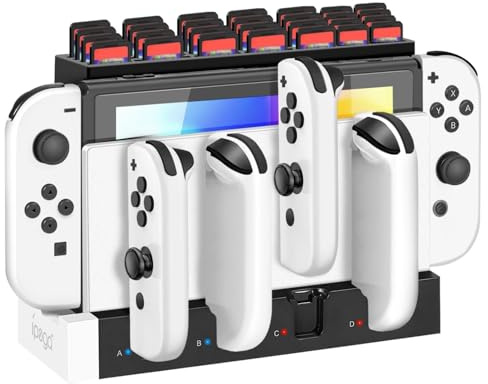 TNP Switch Joy-con Charger with 28 Game Cards Storage Holder for Nintendo Switch Charging Dock Station Base Add-On Mod, Support 4 Joycon Controller with Individual LED Charging Indicator (Green, Blue)