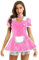MSemis 3Pcs Damen Kostüm Dienstmädchen Lack Leder Kleid Lolita Cosplay Uniform Dessous Set Minikleid, Satin Schürze, Halsband Clubwear Gr. S-XL Rosa 5XL