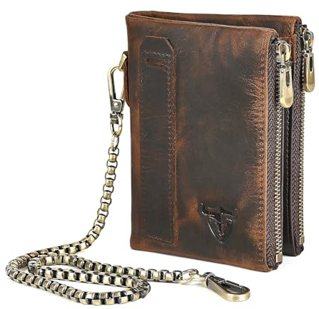 Handadsume Echtleder Crazy Horse Leder Reisen Geschenk Münztasche Kartenetui Lang Organizer Brieftasche Kette RFID Geldbörse mit Snap für Männer männlich 1803 (W-1802- Braun)