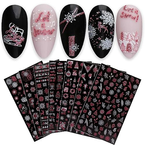 JMEOWIO Nagelsticker Weihnachten Glitzer 8 Blatt Nail Art Sticker Selbstklebend Nagelaufkleber Schneeflocken Winter Dekoration Nageldesign Zubehör