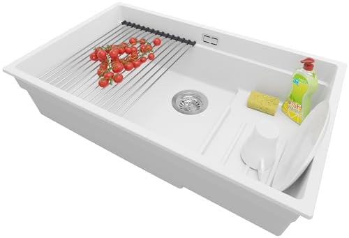 PRIMAGRAN Evier Cuisine en Granit Blanc 76x47cm, Lavabo 1 bac + Kit de Vidage + Égouttoir Enroulable, Évier à Encastrer au meuble 80cm - Prague Slim