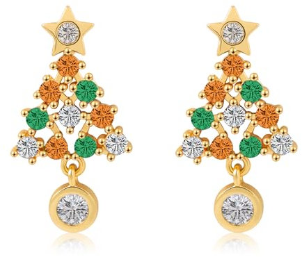 LAXPICOL Christmas Tree Earrings With S925 Sterling Silver Post, Sparkling Colored Cubic Zirconia, Luxury 14K Plated Gold Earrings for Women Girls - Birthday Gift