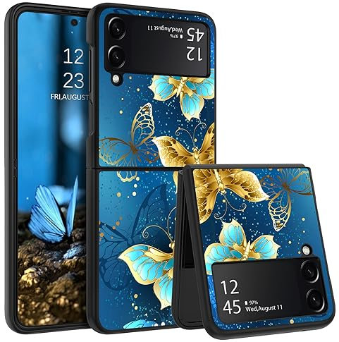BENTOBEN Custodia per Z Flip 3 Samsung Galaxy, Custodia Samsung Z Flip3 lucida custodia di protezione antiurto luminosa, motivo farfalla blu ultra sottile fotocamera protezione cover Galaxy Z Flip 3