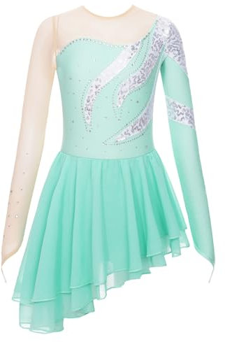 iEFiEL Mädchen Ballettkleid Glitzer Eiskunstlauf Kleid Kinder Swing Schaukel Tanzkleid Ballettanzug Langarm Body Trikot Turnanzug Z Hellgrün 134-140