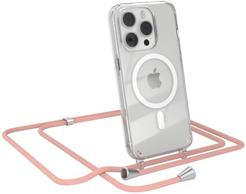 EAZY CASE - Handykette kompatibel mit iPhone 15 Pro Kette zum Umhängen Stoßfest Handyhülle für iPhone 15 Pro Silikon Hülle mit Band Handytasche Transparent als Fallschutz in Alt Rosa - Clips Silber