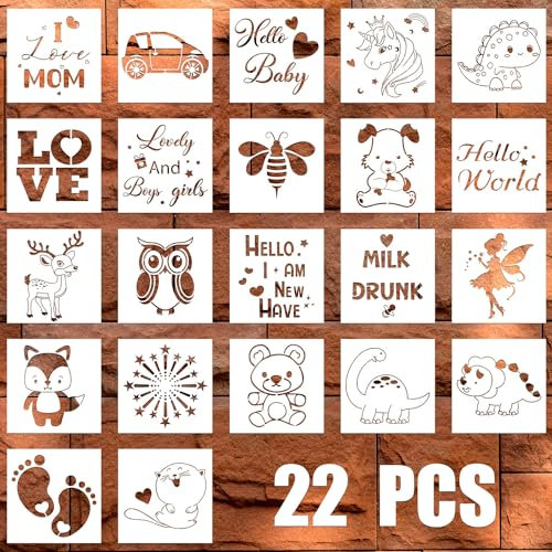 22 Stück Schablonen Babyparty, 13cm Niedliche Babyparty Stoffschablonen mit Verschiedenen Mustern Wiederverwendbare Malschablonen für Jungen und Mädchen Hemdendekoration