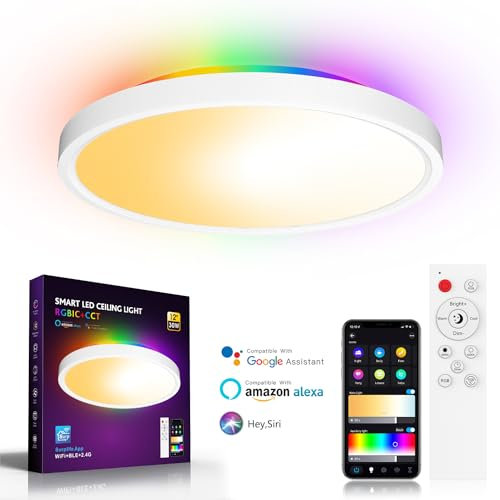 FANLG 30W Smart LED Deckenlampe | Ø30CM RGB Illusion-Deckenleuchte mit Fernsteuerung | RGB Steuerbar via App Runde Deckenlampe Kompatibel mit Alexa und Google für Wohnzimmer/Schlafzimmer