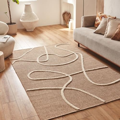 Nazar Palmateppich, Natur, Jute-Look, Naturteppich für Wohnzimmer, Schlafzimmer, Flur, Boho-Teppich, Naturfarbe (9494 Weiss, 120x170 cm)