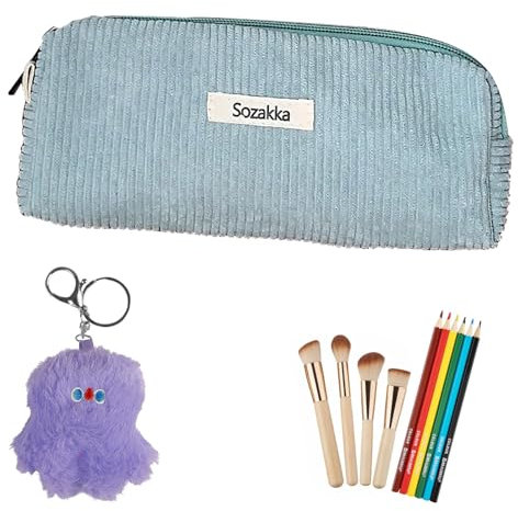 Federmäppchen in Cord, Stylische Federtasche, Mäppchen, Cord-Stoff Federmäppchen für Mädchen & Jungen, Pencil Case mit praktischem Reißverschluss zur Aufbewahrung von Stiften & Kosmetik,Hellblau Grau