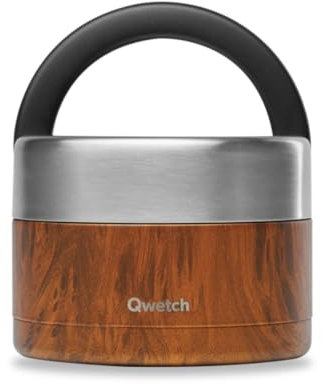 QWETCH - Lunch Box Isotherme Inox avec Poignée - Wood 650ml - Boîte Alimentaire Repas Chaud - 5h Chaud et 7h Froid - Etanche & Sans-BPA