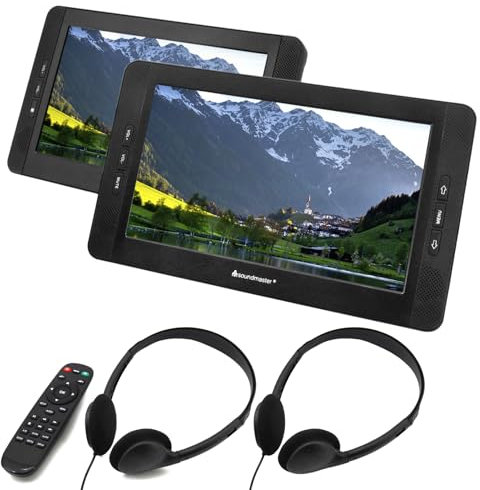 Soundmaster PDB1850SW lettore DVD portatile 2 monitor con schermi LCD da 25,9 cm / 10,1' 16:9 cuffie supporto per poggiatesta batteria per auto 5.000 mAh telecomando