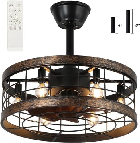 VUDANZYER Caged Ceiling Fan with Lights Remote Control, 18.5 Black Caged Industrial Ceiling Fan, 6 Speeds Reversible Motor Farmhouse Ceiling Fan for Porch, Kitchen, Patios, Bedroom