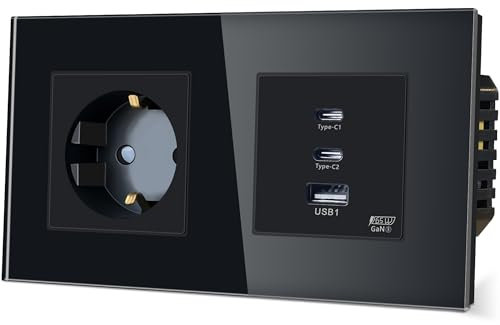 TAWOIA Schuko Steckdose mit 65W Type C und USB Schnellladeschnittstelle für Mobiltelefone, Tablets und Laptops, EU-Standard 1 Fach steckdose unterputz mit Usb C Schwarz 86 * 157mm