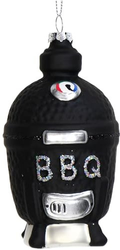 Christbaumschmuck 12cm Glas - Kamado Grill Figur zum Aufhängen - handbemalt & mit Glitzer - Weihnachtsbaum Anhänger für Weihnachten - Christbaumanhänger & Weihnachtsbaumschmuck - Barbecue Schwarz