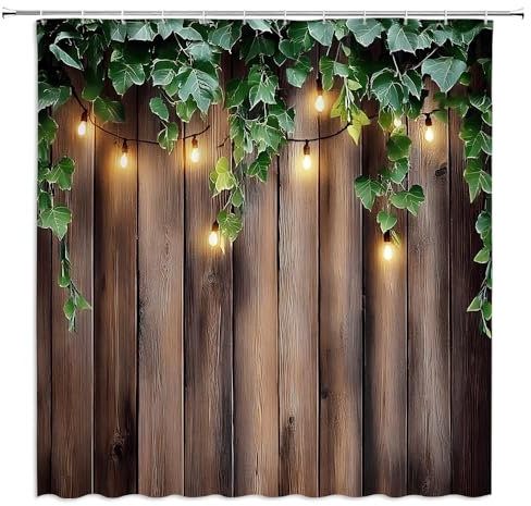 WUASDCS Barn Door Shower Curtain Rustic Wooden Board Green Leaves Vintage Vine Ivy Plant Garden Landscape Nature Botanical Scenery Bathroom Decor Polyester Fabric Curtains with Hook 70Wx70H Inches