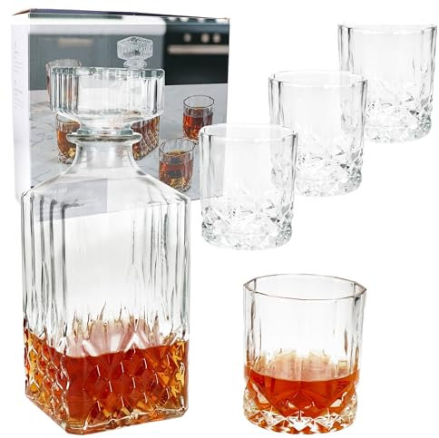 MamboCat Whilly Whisky Set 5tlg 1x Karaffe + 4X Gläser I eleganter Whiskey-Dekanter 720ml mit Deckel + Tumbler 300ml mit feinem Glasschliff I für Bourbon, Brandy & Co. I Geschenkidee