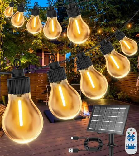Solar Lichterkette Aussen, 15M/50FT Lichterkette Außen Solar Mit 20 Glühbirnen, Usb-Aufladung, Timmer&Fernbedienung, 4 Modus Solarlichterkette Wetterfest für Garten, Balkon, Party, Balkon, Hochzeit