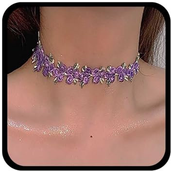 Allereya Vintage Flower Lace Choker Necklace Purple Lace Collar Necklace Violet Flower Necklace Rose Vine Necklace Halloween Lace Necklaces Jewelry for Women