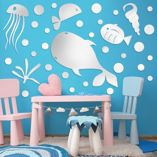 Alovez 3D Acryl Wandaufkleber Fische und Bubbles Mode Spiegel Wandaufkleber, DIY Aufkleber Badezimmer Wanddeko, 3D Tropische Fische Wandtattoo für Schlafzimmer, Wohnzimmer, Haus Deko (Silber)